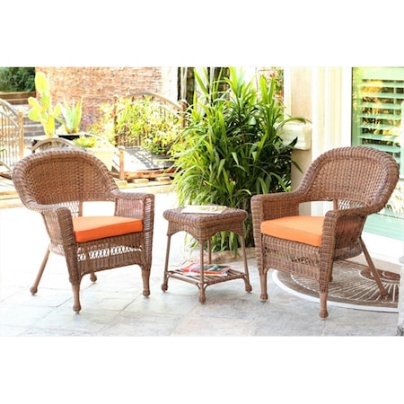 Jeco 3 Piece Honey Wicker Chair And End Table Set With Orange Chair Cushion W00205_2-CES016